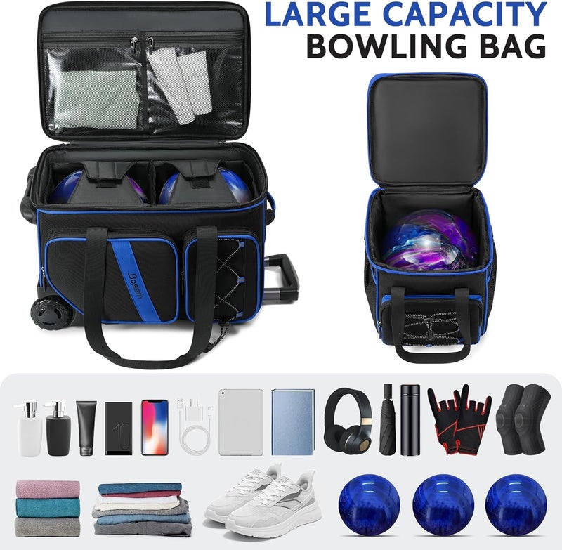 BOSSTIN 3 Ball Bowling Bag with Wheels, 2 Ball Bowling Bags Double roller with 1 Ball Add On Bag, Multi-Pockets & Shoe Compartment (Fits Up to Size 15) - Image 4